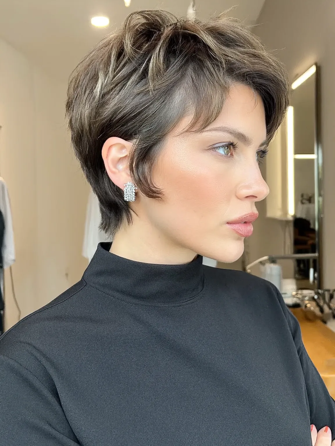 Wavy Cool Ash Brown Pixie with Side-Swept Bangs